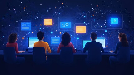 Poster - Employees utilizing on-demand access platform while analyzing data in a futuristic workspace