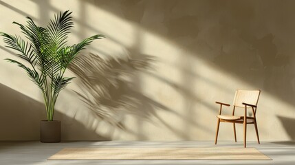 Poster - Minimalist Interior Scene: A sun-drenched, minimalist interior features a lush potted plant, a stylish chair, and a neutral rug, creating a serene and inviting atmosphere.