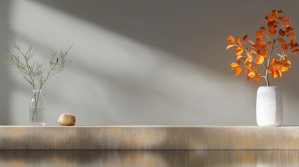 Poster - Minimalist Decor: A clean, modern still life features branches with vibrant autumn leaves and delicate dried plants, elegantly displayed in sleek vases, creating a calming and serene aesthetic.