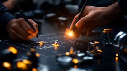 Poster - Circuit Board Innovation: The image captures the meticulous work of engineers or technicians collaborating over a detailed circuit board plan. It shows their focused approach.