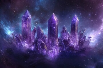 Wall Mural - amethyst crystal letters forming name against celestial starry background cosmic purple and blue neb