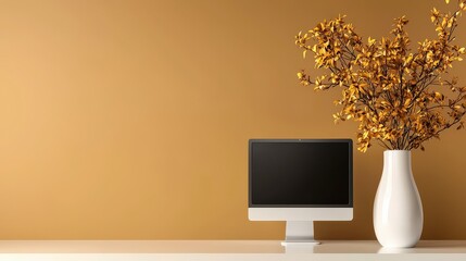 Poster - Modern Workplace Still Life: A minimalist office setup, showcasing a sleek computer and elegant vase with floral arrangement, set against a backdrop of earthy tones.