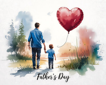 Father’s Day Celebration with Father and Son Holding Hands and Red Balloon for Greeting Cards and Event Graphics