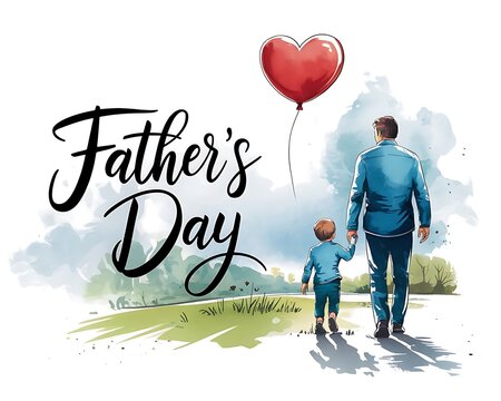 Father’s Day Celebration with Father and Son Holding Hands and Red Balloon for Greeting Cards and Event Graphics