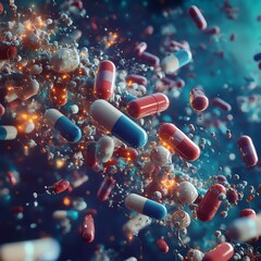 Poster - Colorful Capsules Float in a Dynamic Space, Illustrating the World of Pharmaceuticals and Healthcare Innovation in Vibrant Detail