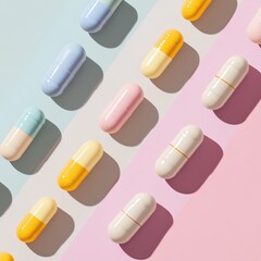 Poster - Colorful Capsules Arranged in an Artistic Pattern on Pastel Backgrounds in a Modern Setting