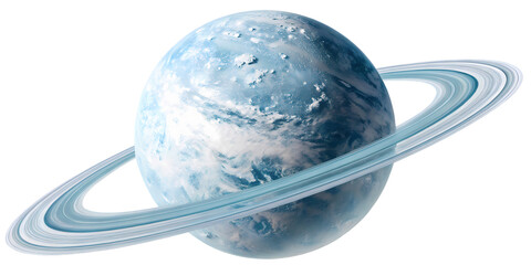 a ringed ice planet with a frozen atmosphere, transparent background