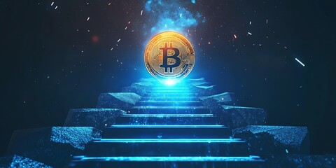 Poster - Shimmering Pathway of Digital Currency Leads to a Glowing Bitcoin Amidst Particles and Light