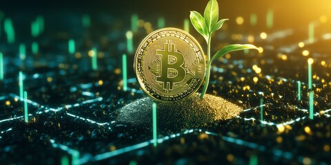 Poster - Bitcoin Coin Emerging From Soil With Plant in a Digital Landscape Representing Growth in Cryptocurrency Technology
