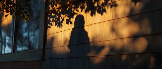 Poster - The silhouette of a woman s shadow is dramatically cast on the facade of a house creating a captivating cinematic effect at dusk with the contemporary lighting