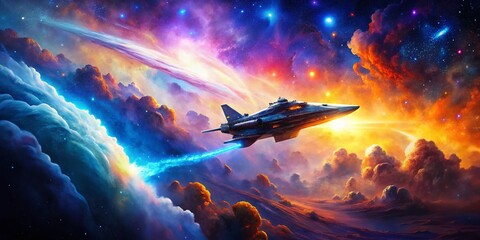 Wall Mural - Double Exposure: Spaceship Outline & Celestial Nebula - Futuristic Stock Photo