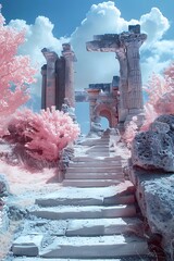 Ancient Ruins Steps  Pink Trees  Blue Sky  Greece  Summer