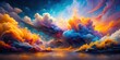 © Songkran - Vibrant swirling clouds of paint float through a dreamlike landscape, surrounded by deep blues and purples, with splashes of bright orange and yellow, surreal art, abstract colors
