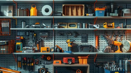 Aufkleber - Building materials and tools displayed on a shelving unit in a repair service setting for construction projects Generative AI