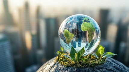 Poster - City landscape encased in a glass ball representing business optimization and innovative perspectives on urban development