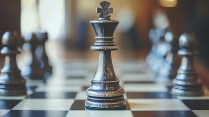 Poster - A single chess piece standing proudly on a chess board representing strategic business planning and decision making