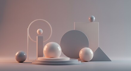 Poster - A white and gray sculpture of various shapes and sizes, including a circle
