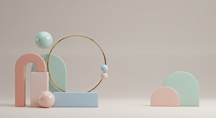 Poster - A colorful scene with a gold circle in the middle and three pink