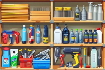 Aufkleber - Showcase of various building materials and tools organized on a shelf for construction and repair projects Generative AI