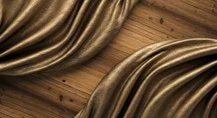 Poster - A piece of gold fabric draped over a wooden surface