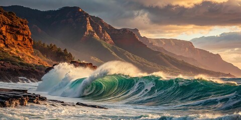 Aufkleber - A large wave is crashing on a rocky shore