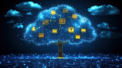 Poster - Tree surrounded by floating social icons representing the concept of cognitive service management and connectivity