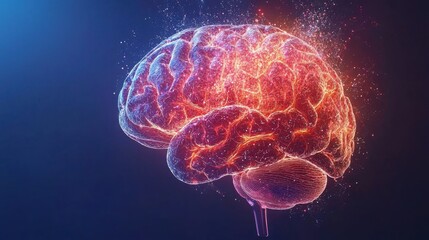 Poster - Vibrant brain illustration against a bright red and blue background representing cognitive service management concepts