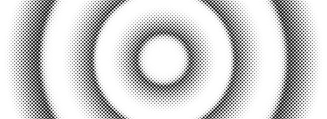 Poster - Halftone concentric circle background. Black and white dotted circular gradient. Radial fading comic texture. Grunge rough round pop art backdrop. Vector dot line epicenter wallpaper concept