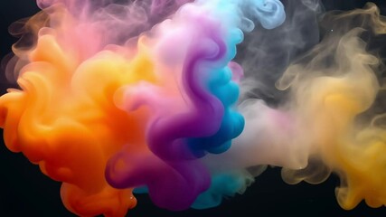 Poster - Colorful Smoke Clouds Blending in Artistic Patterns, Vibrant Swirls of Pink, Blue, Orange, and Yellow on Dark Background