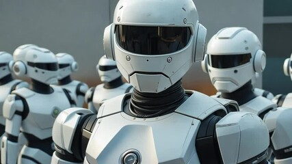 Poster - Futuristic Robots Gathering in a High-Tech Urban Environment with Sleek Designs and Advanced Features Ready for Action