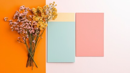 Poster - Still Life Stationery with Flowers: This elegant composition features colorful stationery and dried flowers. The image is set against a bright split background.
