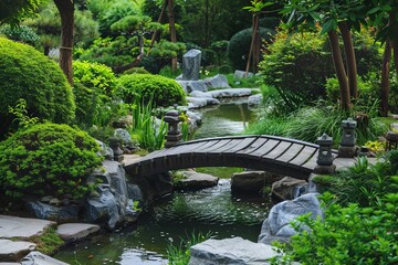 Poster - Explore the serenity of a traditional Japanese tea garden with lush greenery and tranquil water features Generative AI