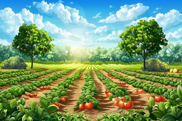 Aufkleber - Explore a vibrant pastoral garden featuring rows of fresh vegetables and lush fruit trees under a bright sunny sky Generative AI