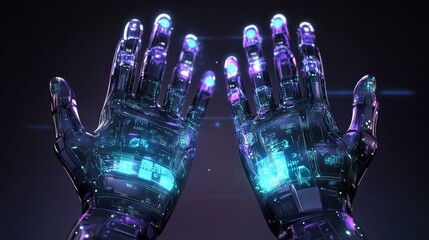 Fototapete - Futuristic Robot Hands with Glowing Circuitry and Digital Technology
