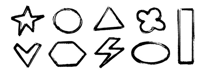Poster - Black charcoal hand drawn shape set. Paint brush scribbled element collection. Pencil doodled childish sign and symbols. Rough sketched crayon bolt, star, heart, frame, ellipse, flower. Vector