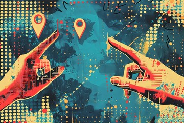 Leinwandbilder - Trendy halftone collage of hands pointing to location pins in a contemporary GPS navigation design Generative AI