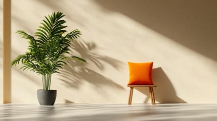 Poster - Serene Interior: A minimalist interior scene features a potted plant, a small chair with an orange cushion, and intriguing shadows, creating a sense of calm and stylish simplicity.
