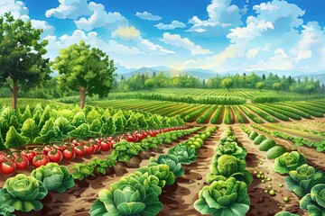 Aufkleber - Picturesque rural garden featuring vibrant rows of vegetables and fruit trees under a clear blue sky in the summer sun Generative AI