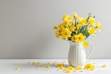 Poster - Yellow daffodils in white ceramic jug on table with scattered petals.