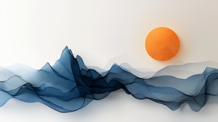 Poster - Abstract Mountain Landscape: Captivating abstract art, with fluid blue ink strokes forming serene mountain ranges against a simple backdrop, accompanied by a vibrant, warm-toned sun.