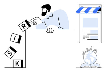 Man pushing risk blocks on table, online store interface, globe with plants on book below. Ideal for business strategy, risk management, e-commerce, sustainability, education, innovation