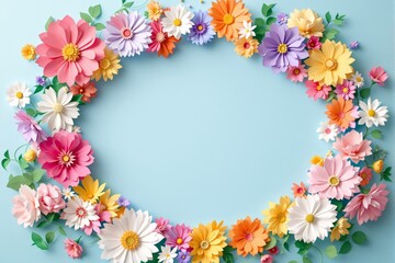 Poster - Colorful floral frame with paper-style flowers on light blue background.