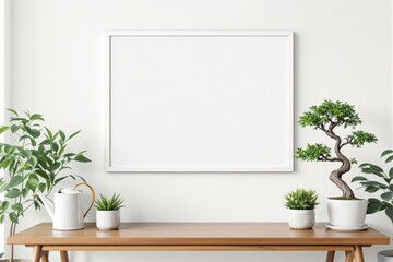Aufkleber - Minimalist mockup with blank white frame on wall above wooden desk with plants.