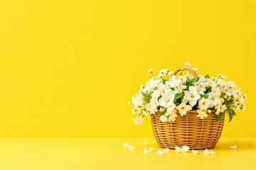 Poster - Wicker basket filled with white flowers on bright yellow background.