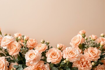Poster - Elegant peach roses with green leaves on soft beige background.