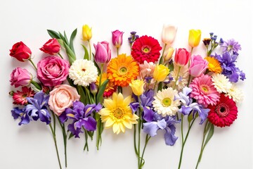 Poster - Colorful flowers arrangement on white background.