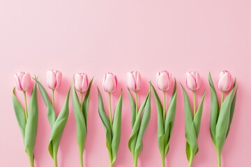 Poster - Pink tulips with green leaves arranged in a row on pastel pink background.