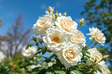 Poster - Beautiful white roses blooming under a clear blue sky.