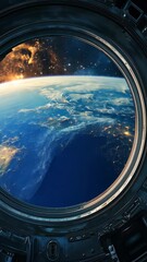 Wall Mural - cosmic expanse visible through a circular spacecraft window, earth and stars in the distance, sharp 