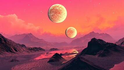 Wall Mural - alien sky with twin moons glowing against a pink and orange nebula